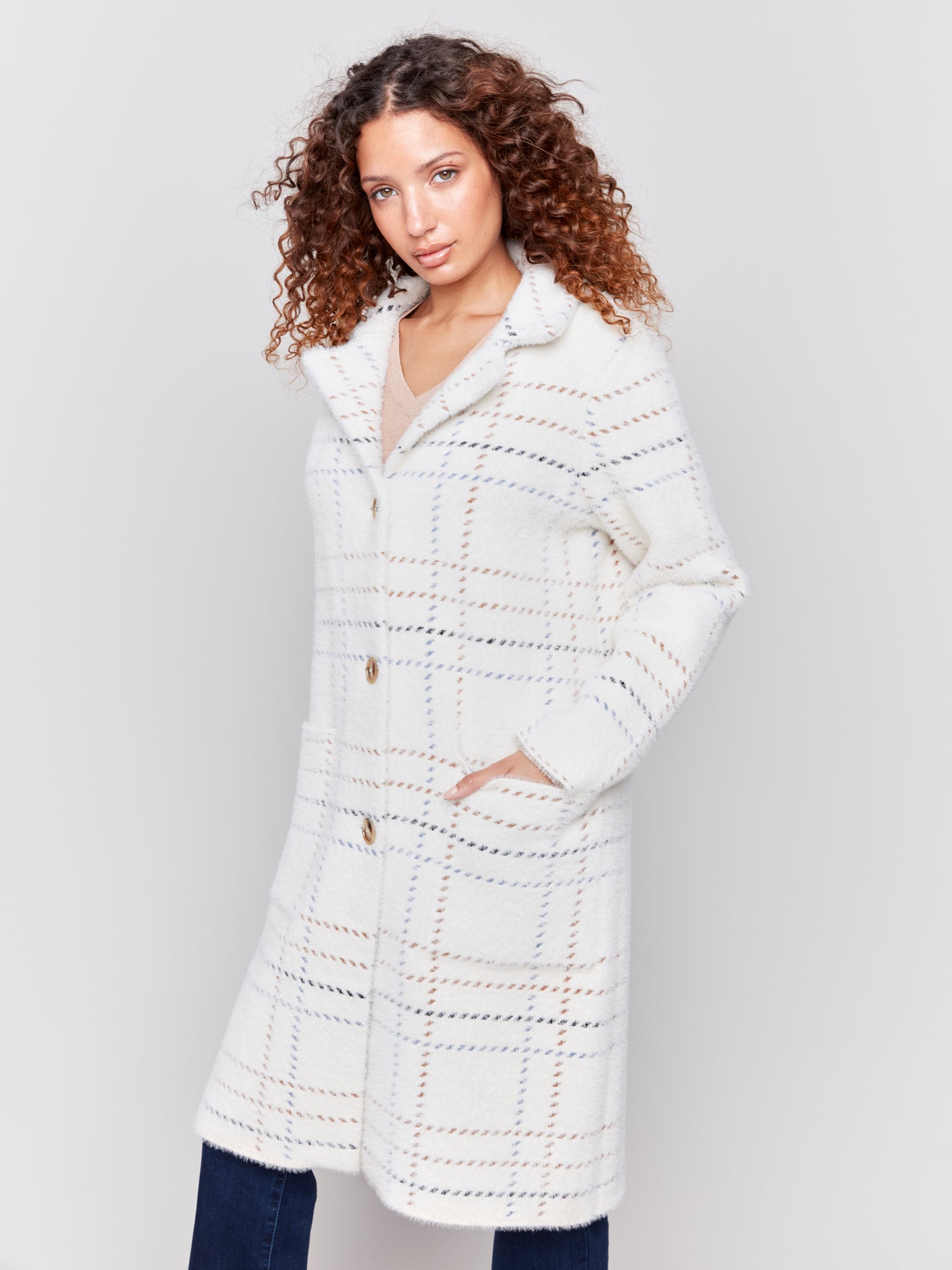 Plaid Knit Coatigan with Patch Pockets