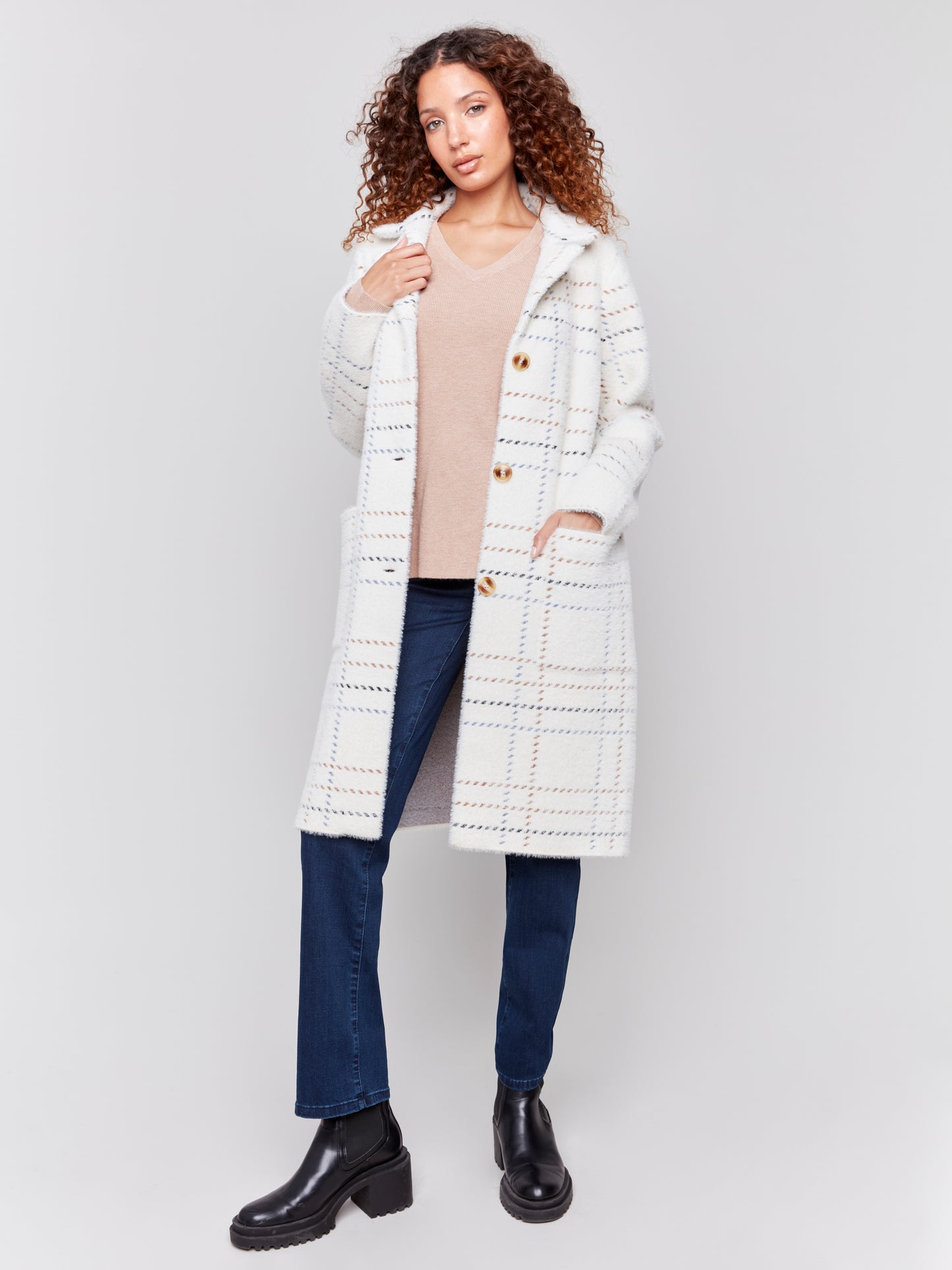 Plaid Knit Coatigan with Patch Pockets