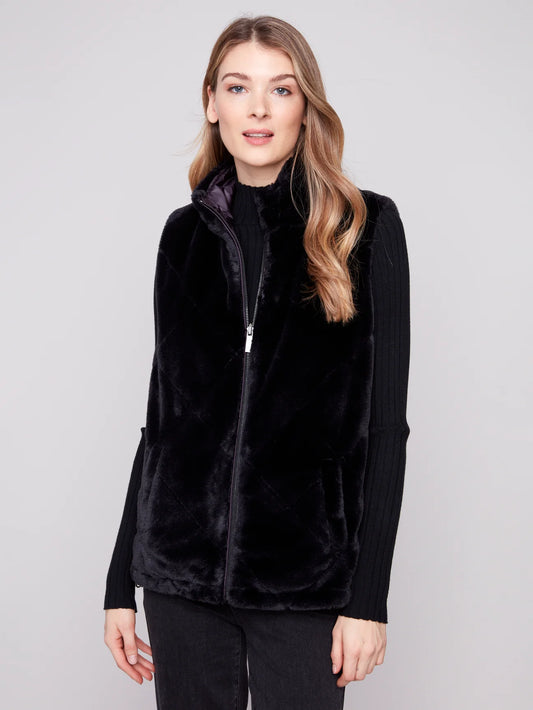 CHARLIE B C6374P PRINTED REVERSIBLE QUILTED FAUX FUR NYLON VEST