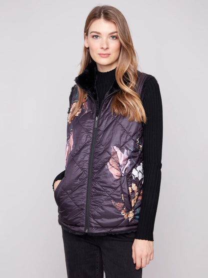 CHARLIE B C6374P PRINTED REVERSIBLE QUILTED FAUX FUR NYLON VEST