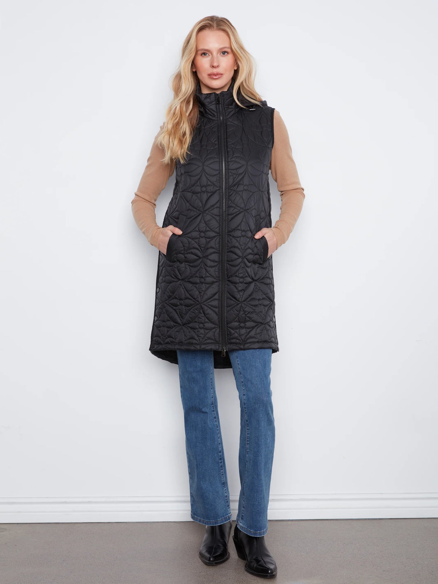 Sleeveless Long Puffer Vest With Removable Hood C6426/135B