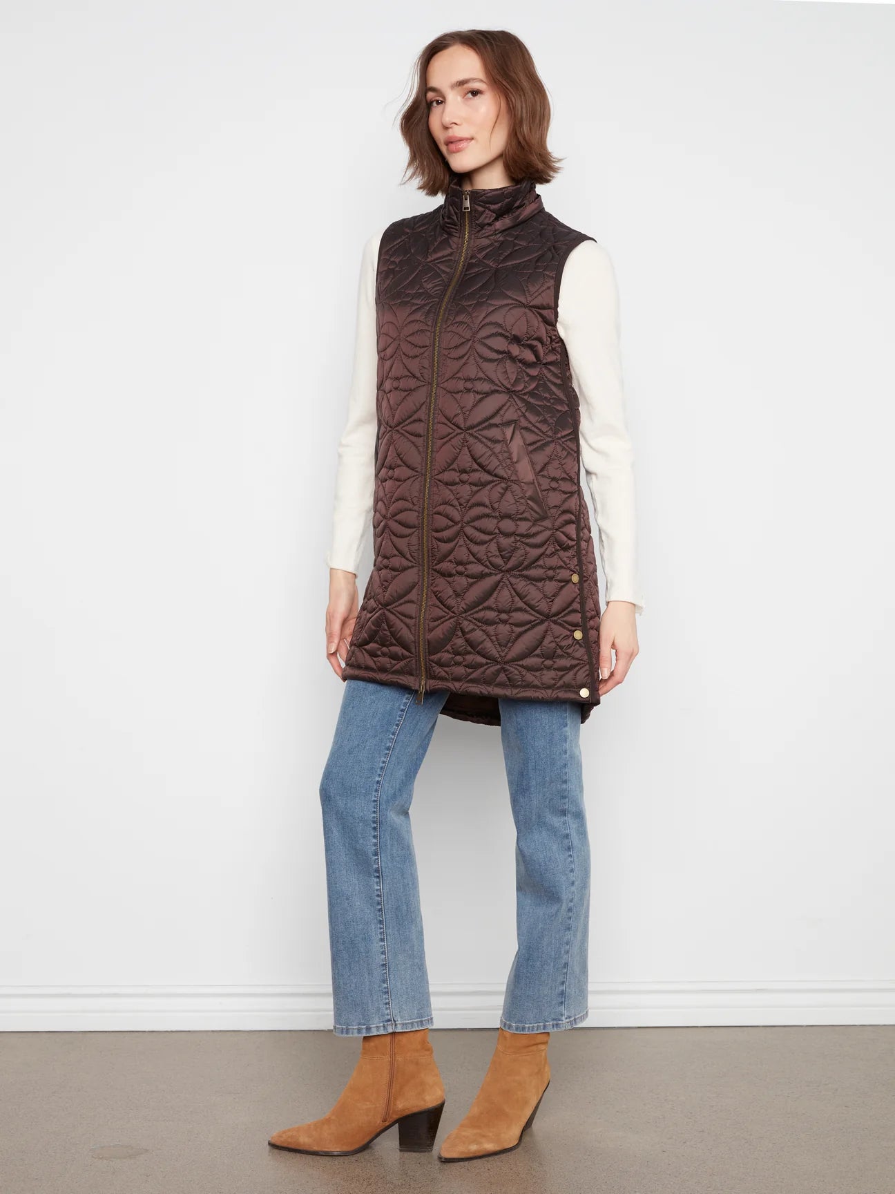 Charlie B Sleeveless Long Puffer Vest W/ Removable Hood C6426