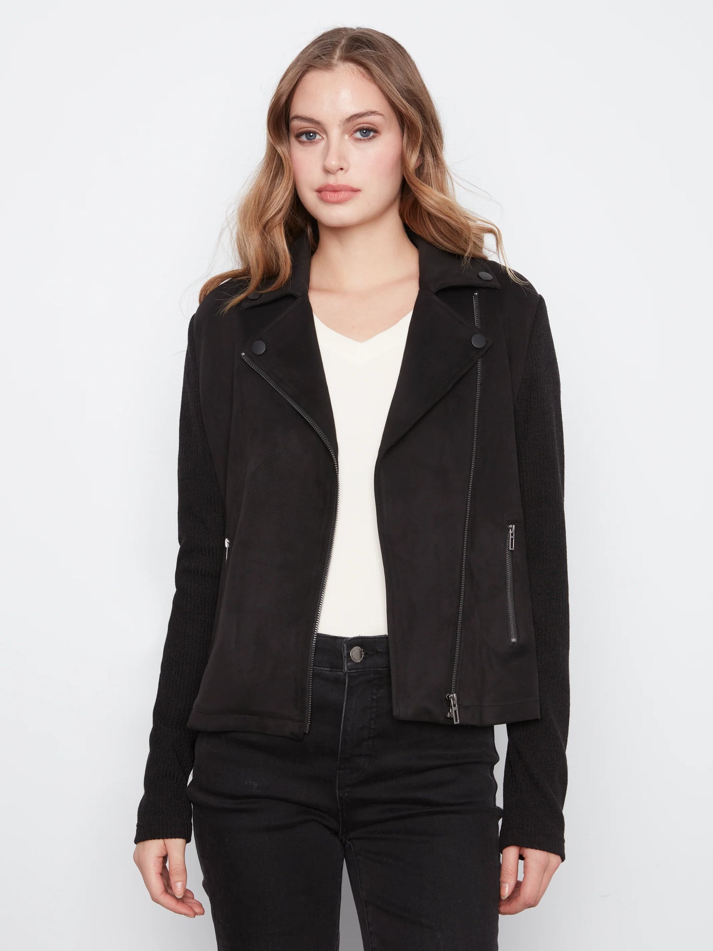 Suede Moto Jacket With Knit Sleeve   C6427K-744C