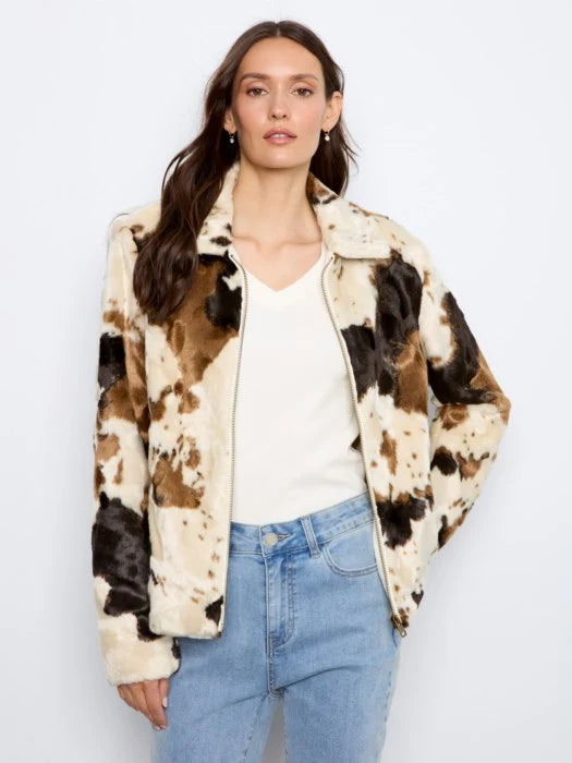 Charlie B Long Sleeve Fur Jacket in Cow Pattern C6441 788C