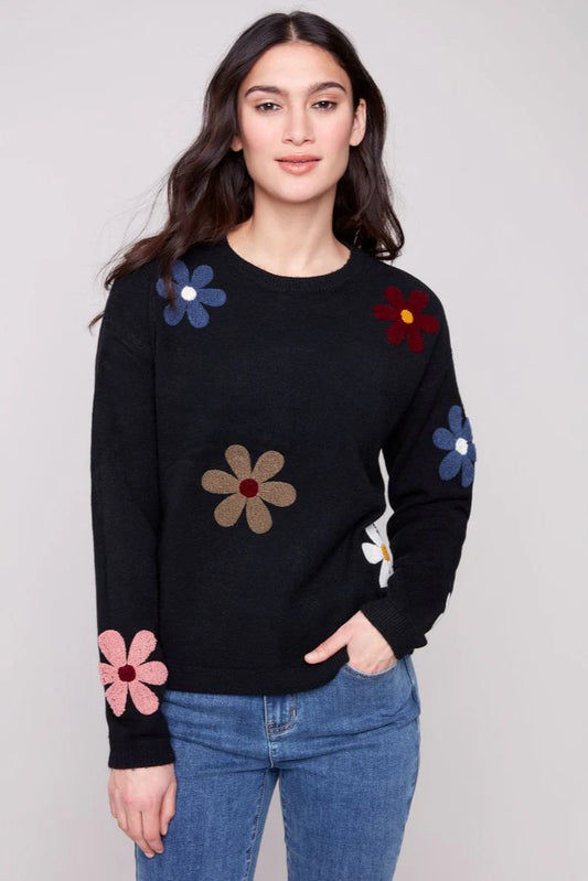 Charlie B C2829 Plush Sweater w/ Boucle Flowers