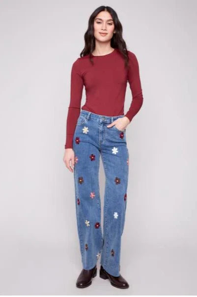 Charlie B C5665-431A Wide leg Stretch with embroidery
