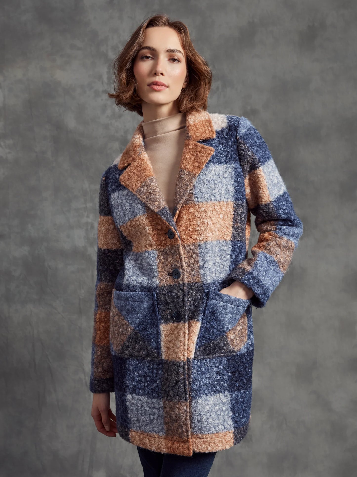 Charlie B Plaid Boucle Knit Tailored Collar Coat Moonlight C6141Z-707A-P907