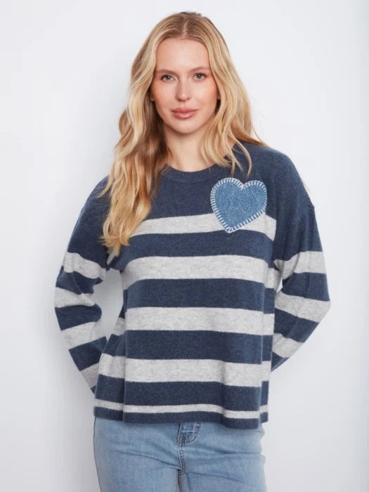 Striped Crew Neck Sweater With Heart Patch C2990/018C