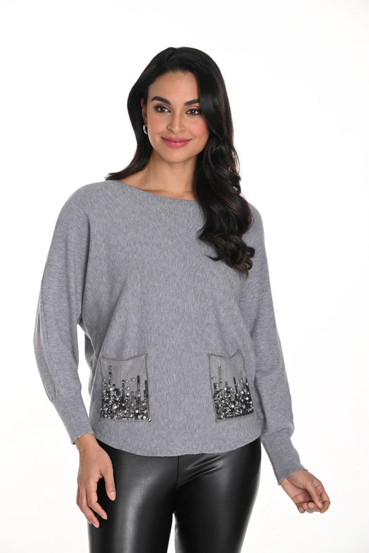 Grey Knit Top with embellishments on pockets