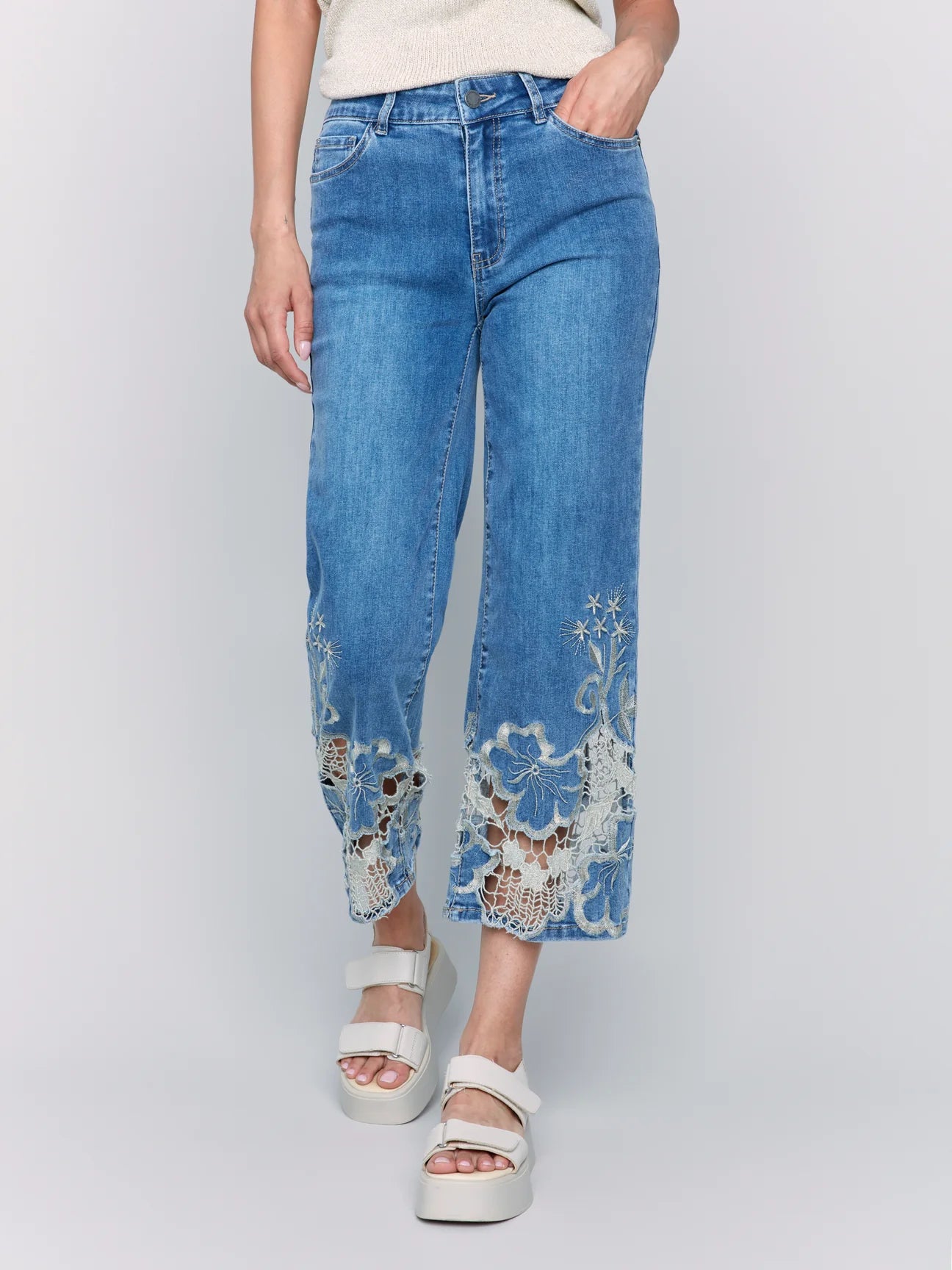 CHARLIE B C5648 CROP FLARE LEG JEANS WITH LASER CUT LACE HEM