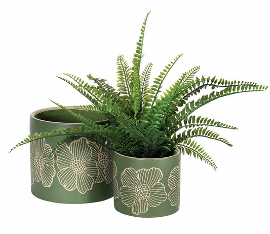 Matte Green Ceramic Pots w/ Ivory Etched Flower
