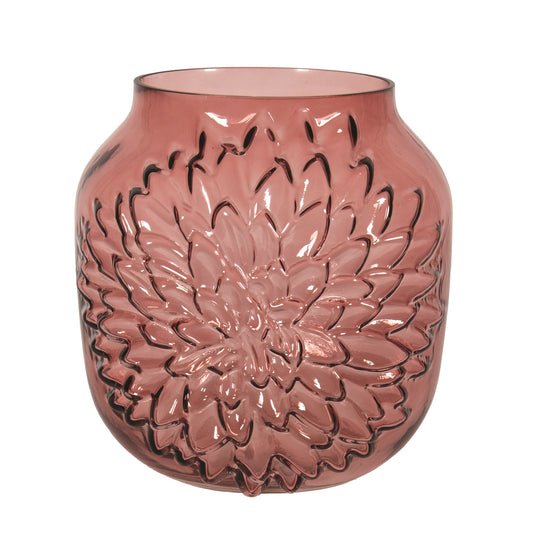 Plum Glass Vase with Embossed Flower Pattern