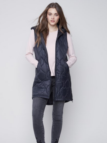 Long Quilted Puffer Vest with Hood C6268 388B