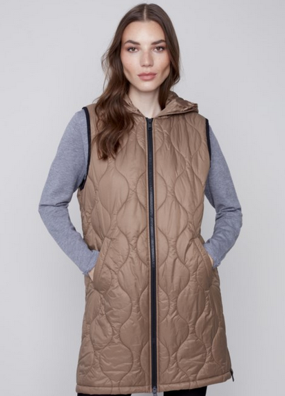 Long Quilted Puffer Vest with Hood C6268 388B
