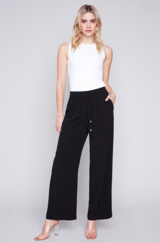 Black Crepe Elastic Waist Pants C5493