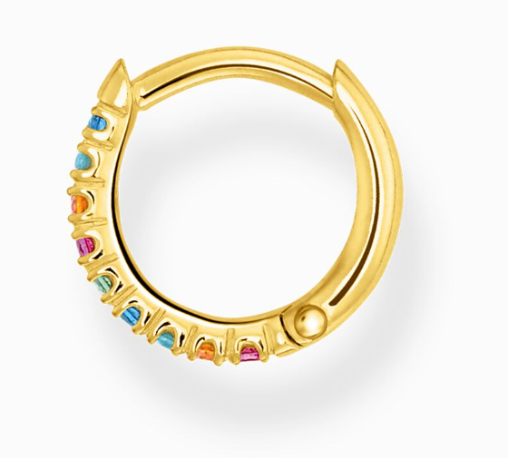 Single hoop earring colourful stones, gold