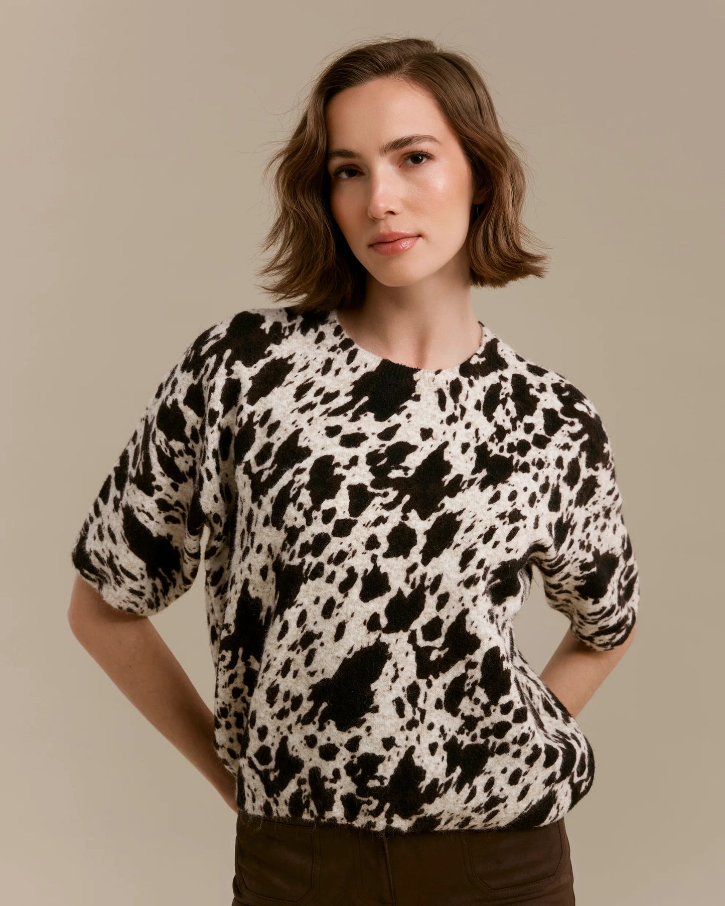 Elbow Sleeve Cow Print Sweater C2858RP/717C