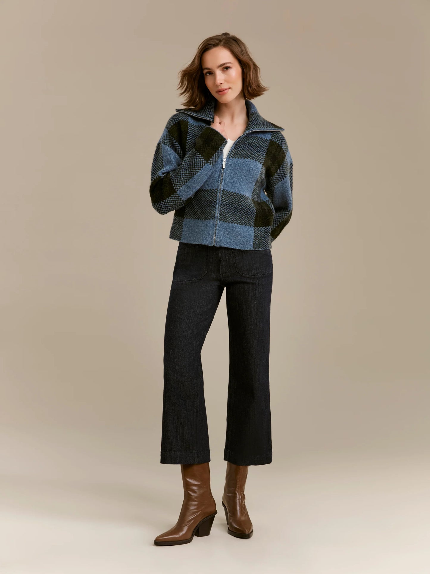 High Collar Cardigan In Plaid Sweater Jacket C2177/714C BLUE