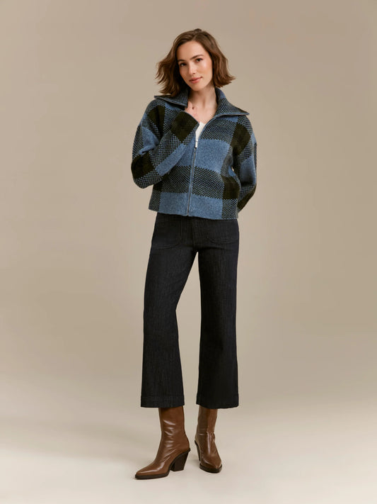High Collar Cardigan In Plaid Sweater Jacket C2177/714C BLUE