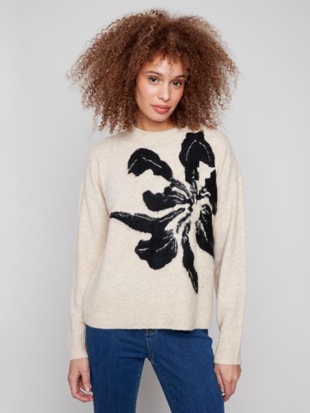 Charlie B C2906Q Placed Jacquard Long Sleeves Crew Neck Sweater