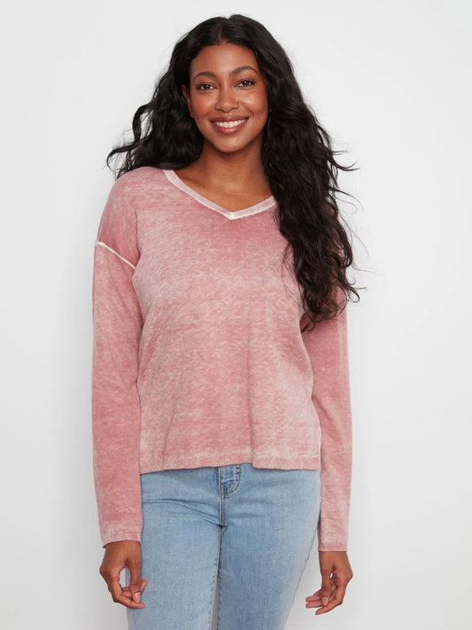 Charlie B Vintage Wash V Neck Light Sweater C2907R-626B ROSEBUD