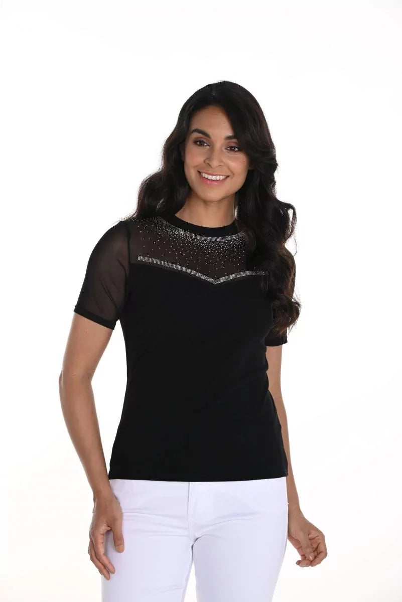 Black knit short sleeve top w embellishments