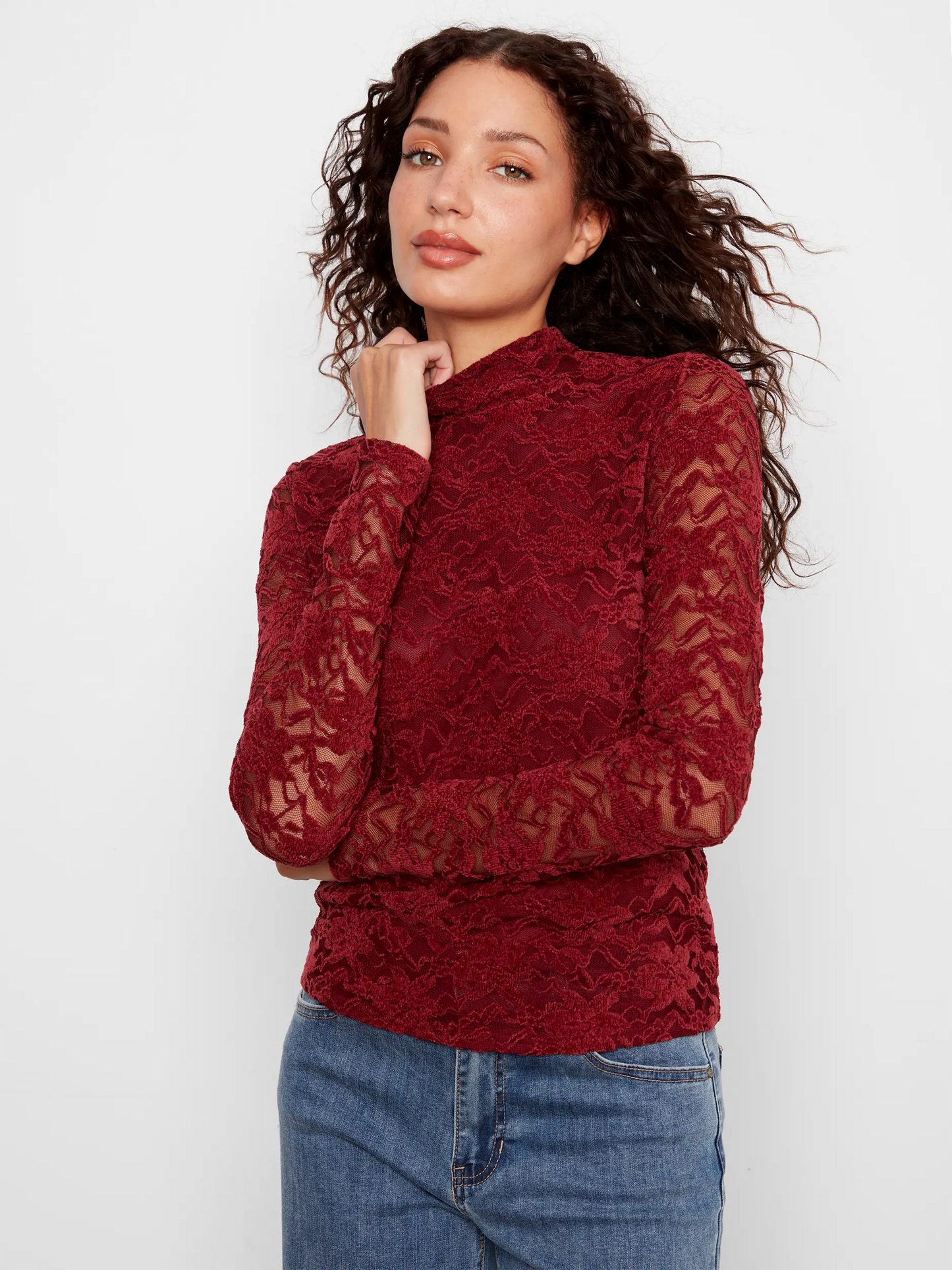 Flocked Lace Top High Neck C1470PK/772 MERLOT
