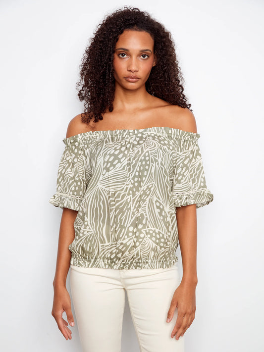 Charlie B off shoulder blouse with printed pattern PRISMA C4554PR-808B