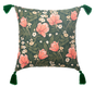 Green Floral Pattern Pillow with Tassels