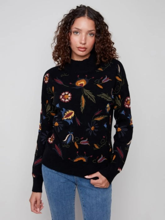 Charlie B All Over Embroidered Mock Neck Sweater C2893