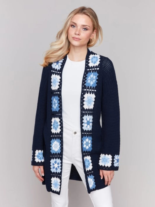 Long Sleeve Knit Cardigan w/ Crochet Border