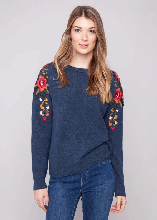 Charlie B Embroidered Raglan Sleeve Sweater C2268Y