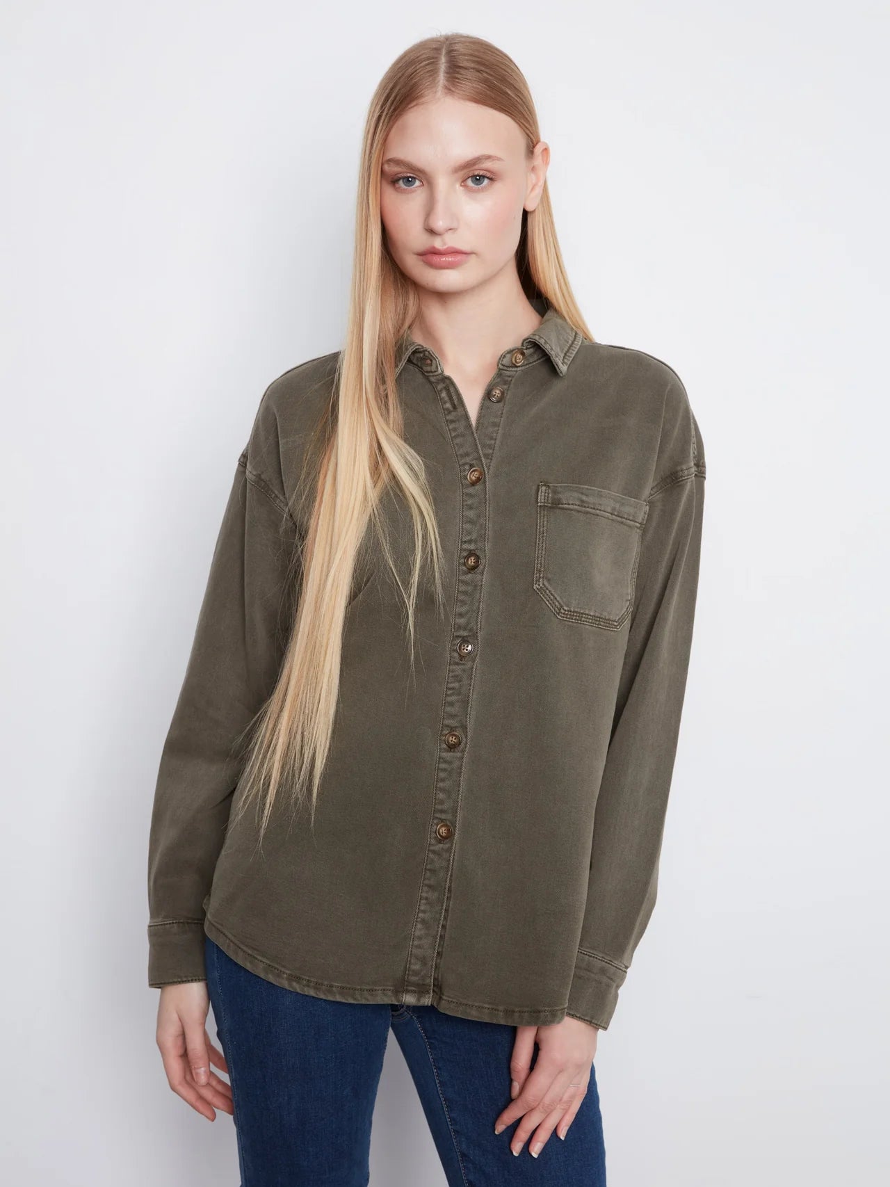 Button-Front Twill Overshirt C4715-667C- MOSS