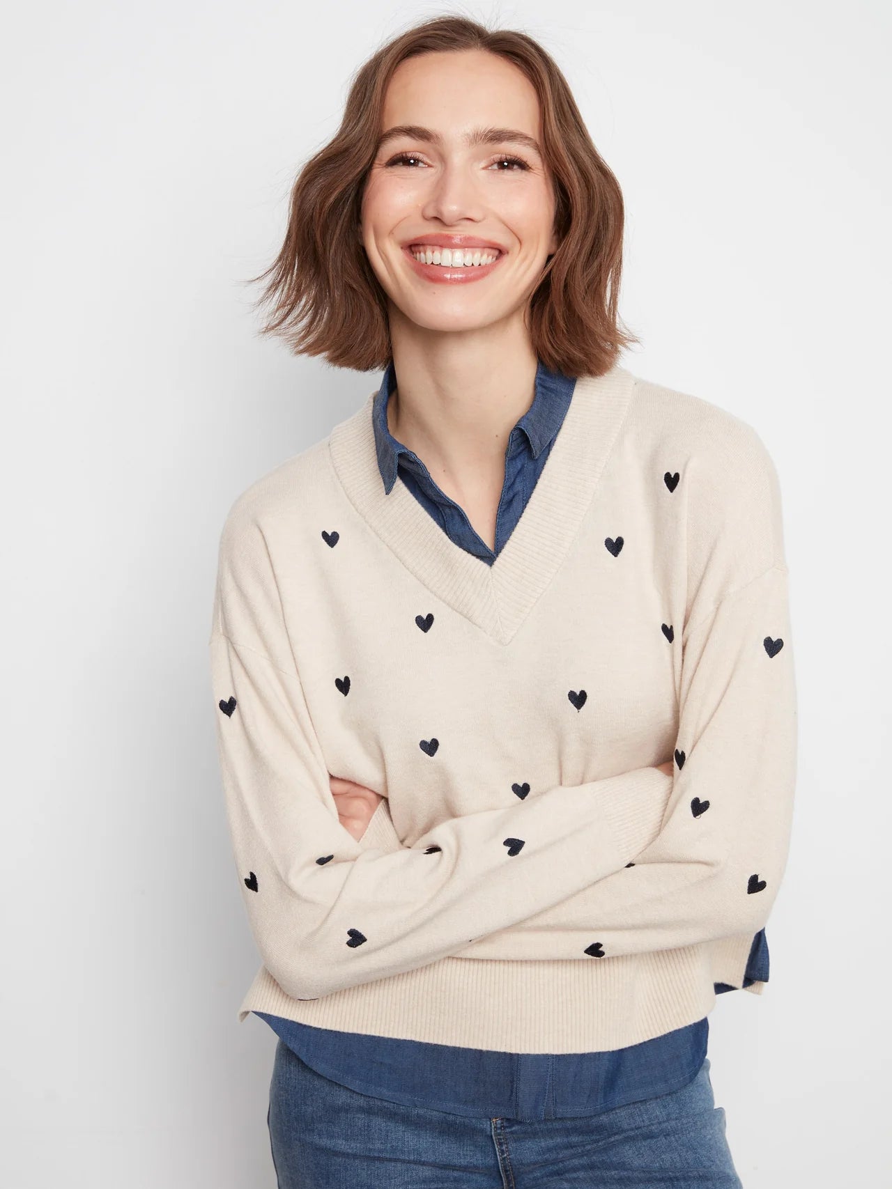 Layered Shirt Sweater With Embroidered Hearts - C2084-464A