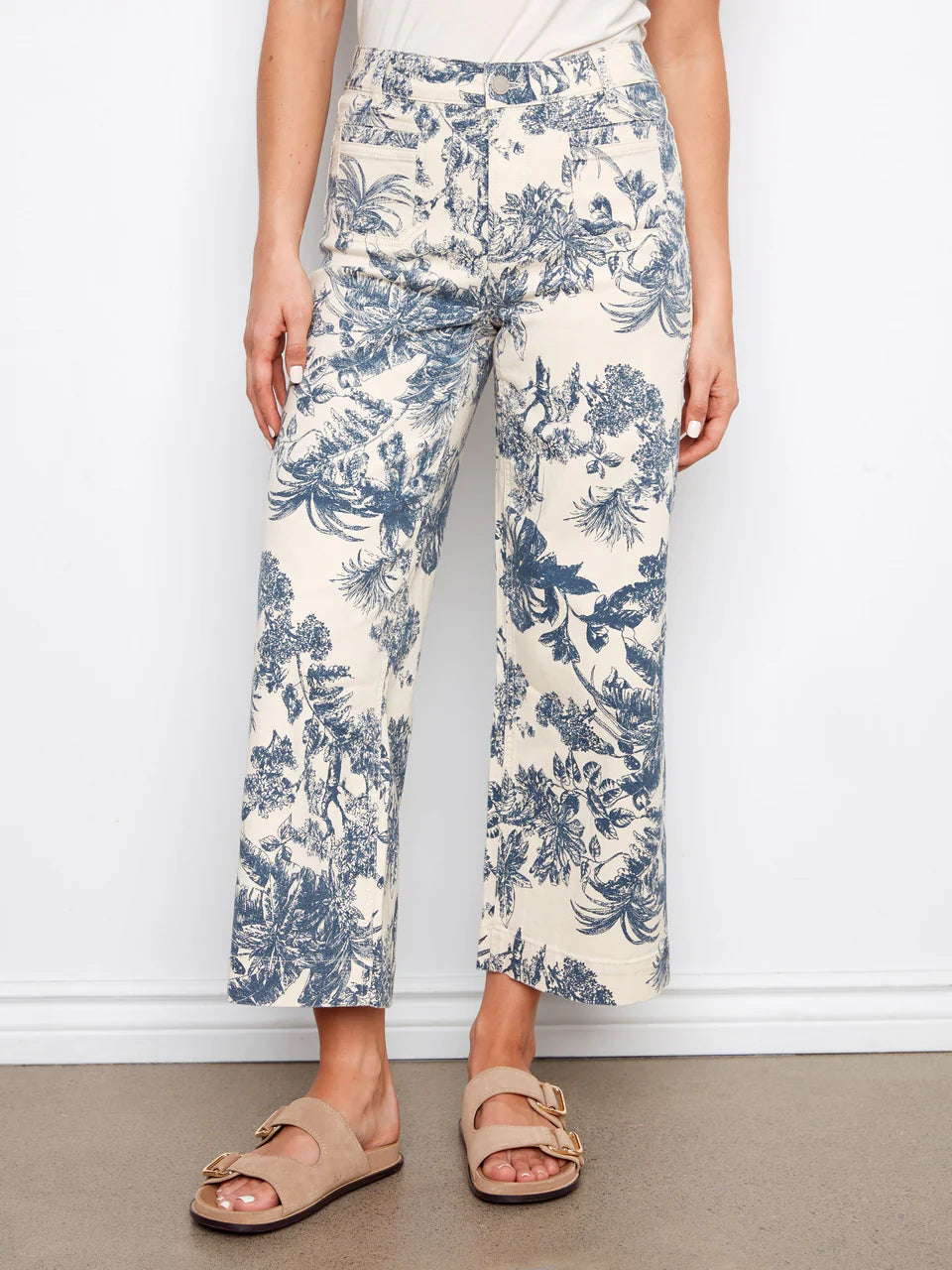 Printed Cropped Patch Pocket Flare Navy Print Twill Pants C5538P/677B