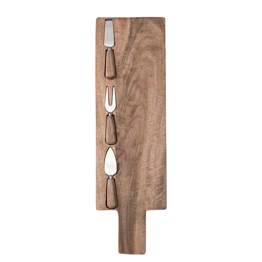 Mango Wood Cheese/Cutting Board w/ Handle & Cheese Utensils