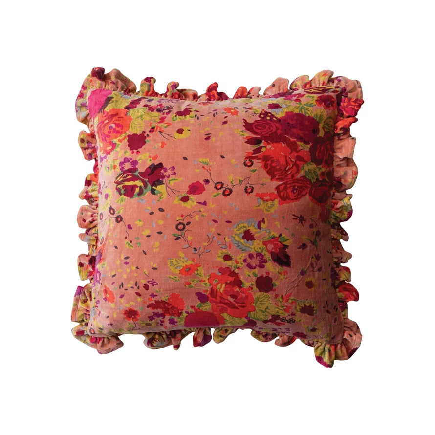 Square Cotton Velvet Printed Pillow w/ Floral Pattern