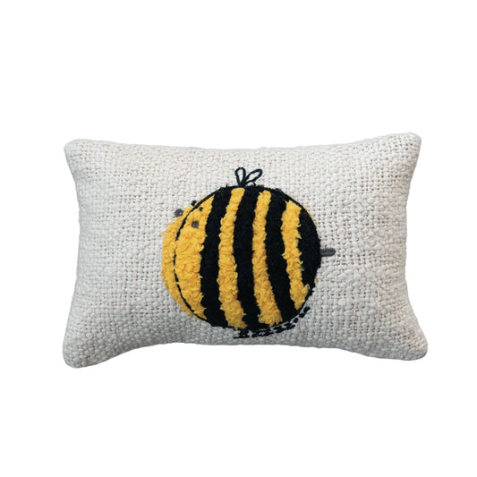 Cotton Slub Lumbar Pillow w/ Embroidered Tufted Bee