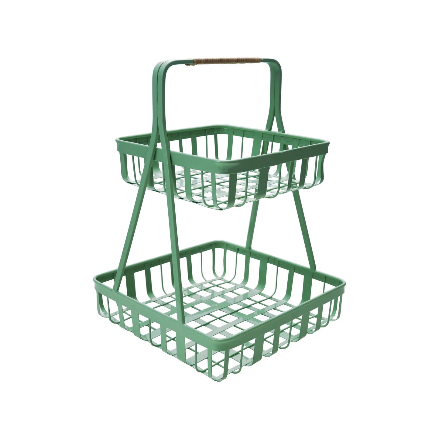 Metal 2-Tier Tray with Rattan Wrapped Handle, Mint Color