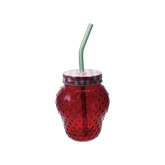 Strawberry Shaped Glass with Lid & GLASS STRAW