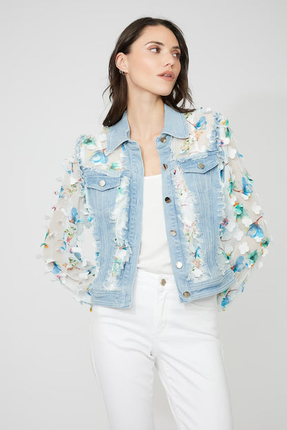 Denim Floral Puff Sleeve Jacket Style 261601