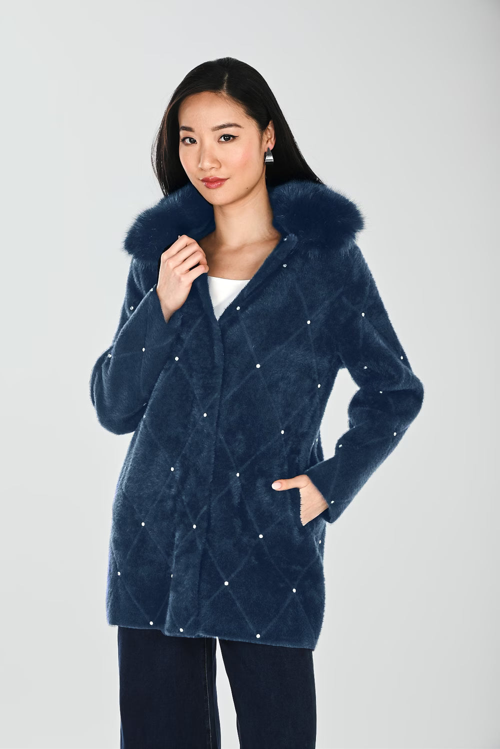 Fur Collar Winter Coat Style 264833 BLUE