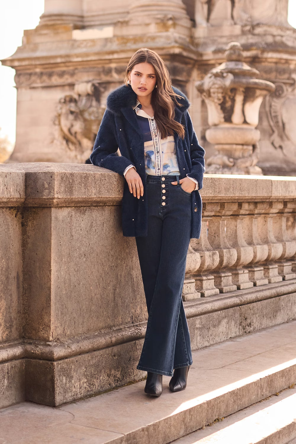 Fur Collar Winter Coat Style 264833 BLUE
