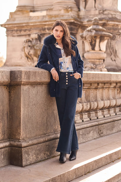 Fur Collar Winter Coat Style 264833 BLUE