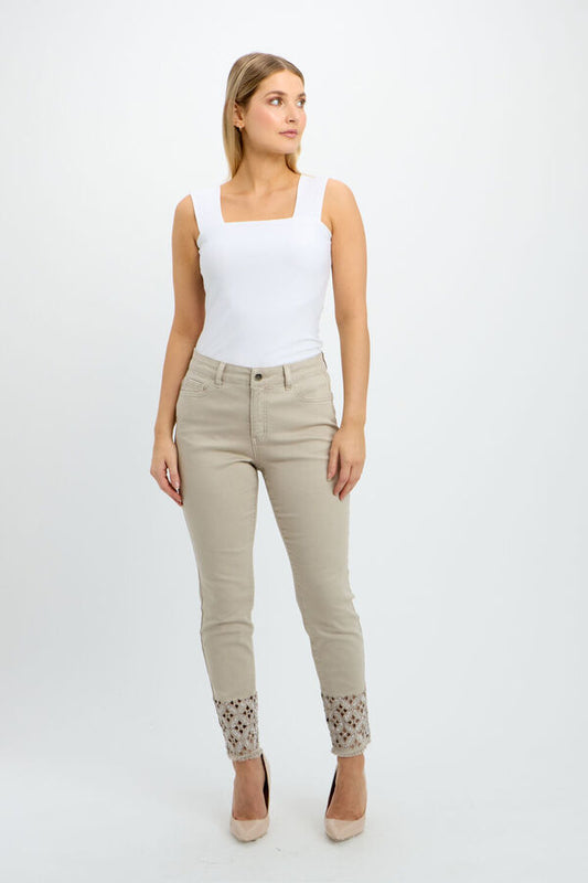 Beige pant with cutout embroidered hem