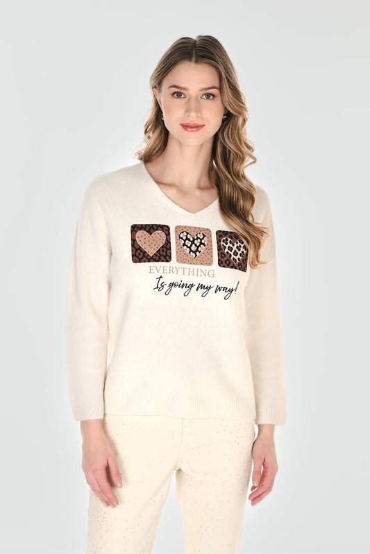 V-neck Knit Sweater With Leopard Heart Graphic Style 264813