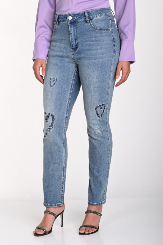 Denim pant with heart embellishments