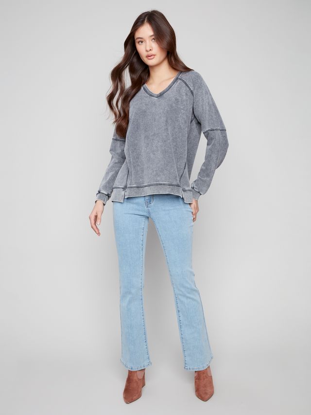 CHARLIE B C1407 COLD DYE FRENCH TERRY V-NECK RAGLAN SLEEVES TOP