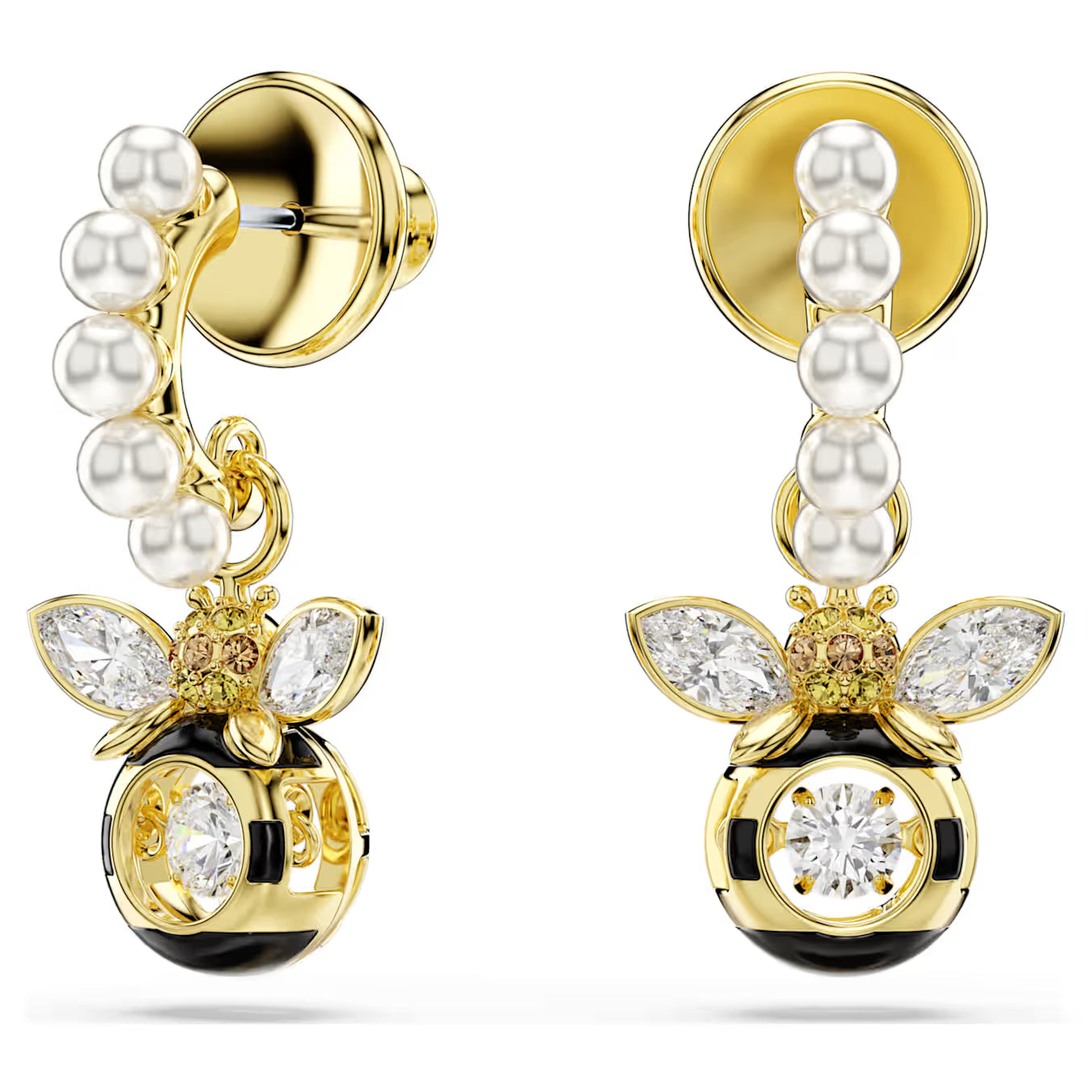 Idyllia drop earrings Crystal pearl, Mixed cuts, Bee, Multicoloured, 18k gold finish 5742678