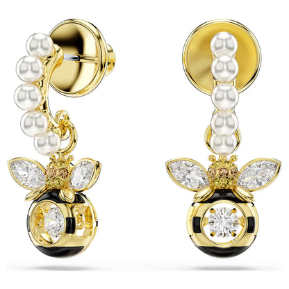 Idyllia drop earrings Crystal pearl, Mixed cuts, Bee, Multicoloured, 18k gold finish 5742678